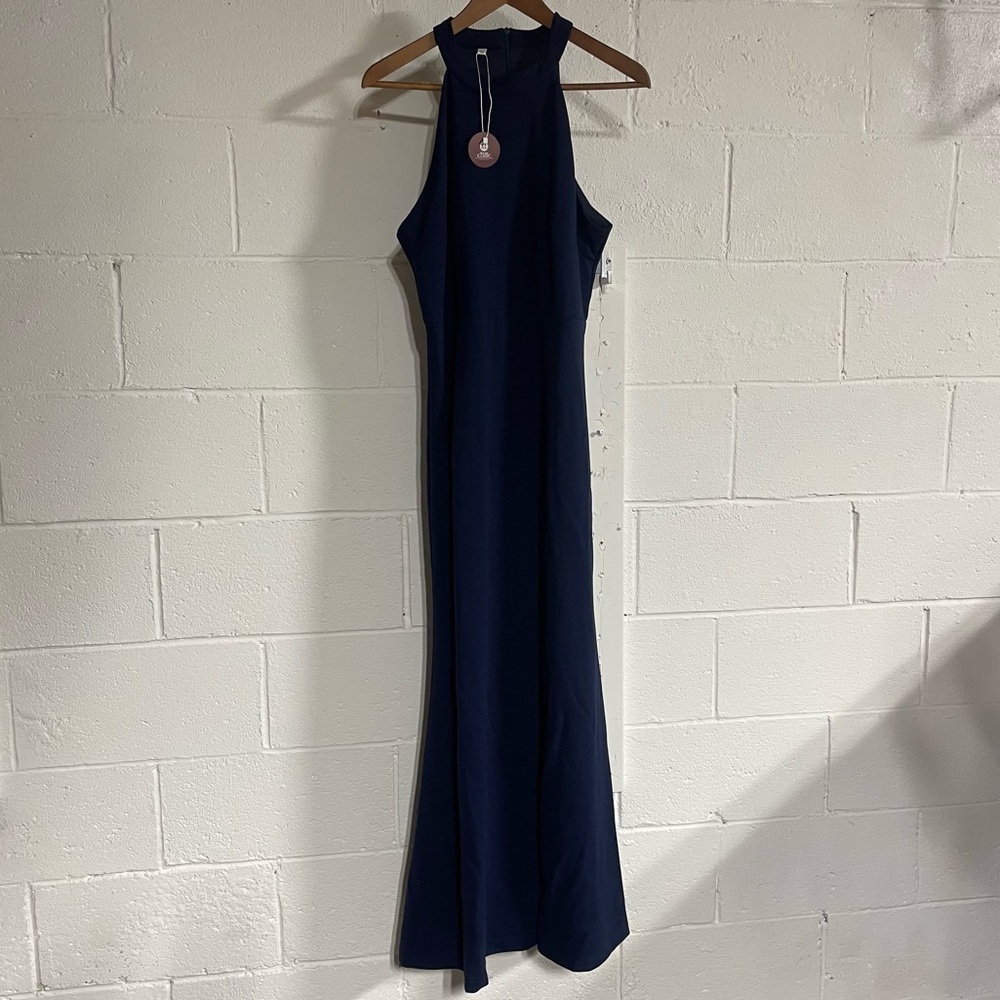 NWT Navy Blue Halter Neck Split Sleeveless Cocktail Long Dress Sz XL - Picture 2 of 6